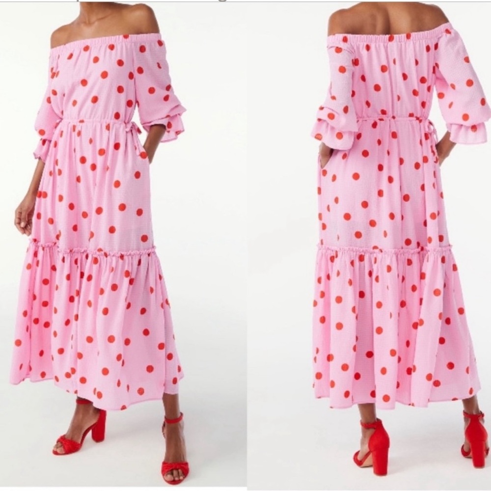 Scoop Pink & Red Polka Dot Off the Shoulder Maxi Dress - Large